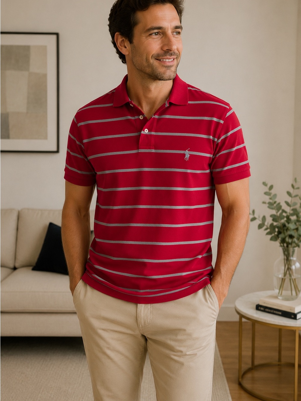 Polo Ralph Lauren Classic Fit Red Gray Stripe Polo Shirt XL Cotton